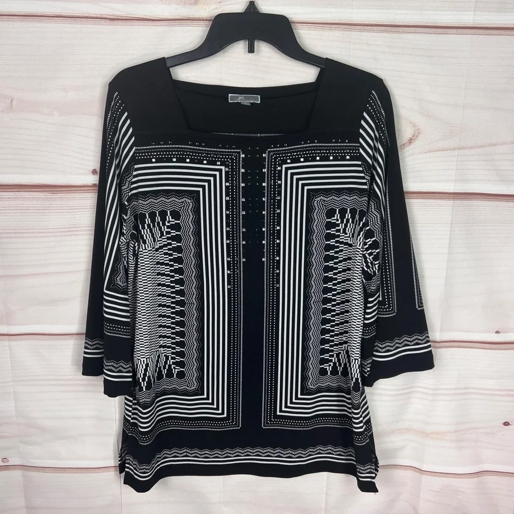 JM Collection Top Womens M Black 3/4 Sleeve Blouse Geometric Rhinestones Knit - Picture 1 of 8